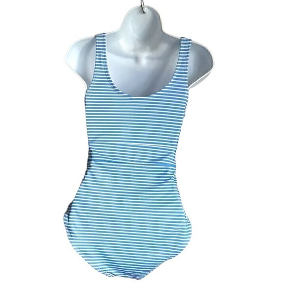OUTDOOR OASIS BLUE AND WHITE STRIPED ONE PIECE SWIMSUIT - SIZE SMALL - Picture 3 of 7